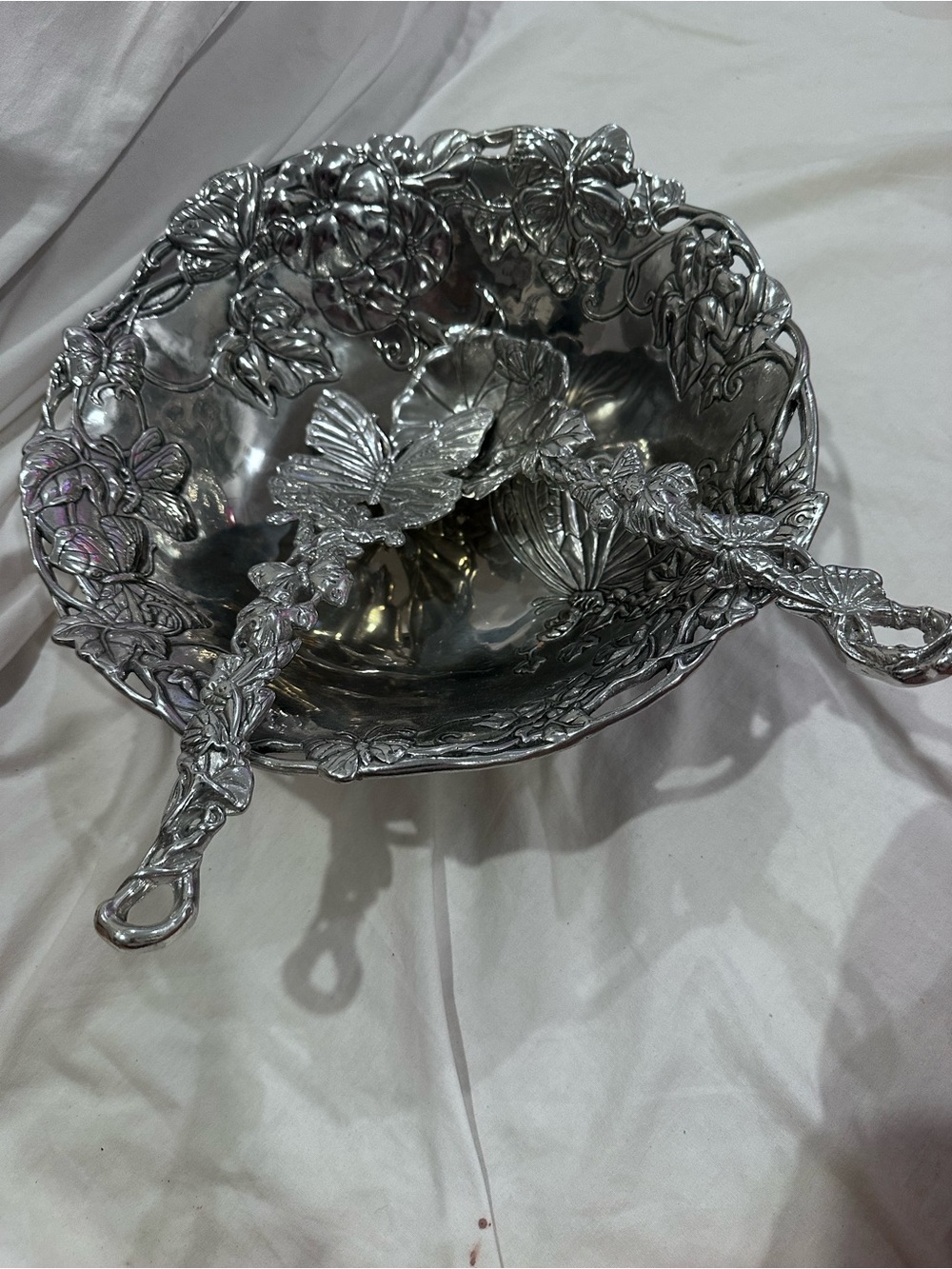 Vintage Arthur Court aluminum Serving Bowl featuring a Butterfly and utensils